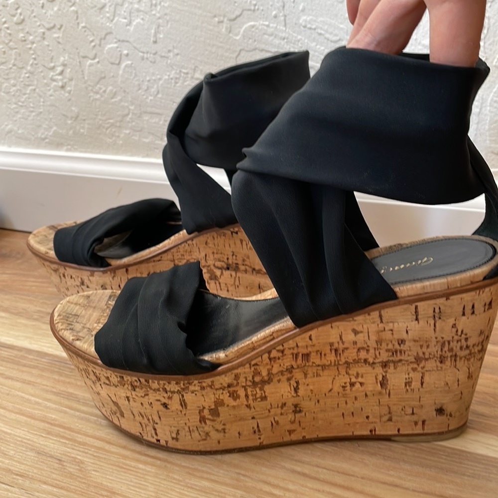 Gianvito Rossi wide black strap Cork wedges size 38
